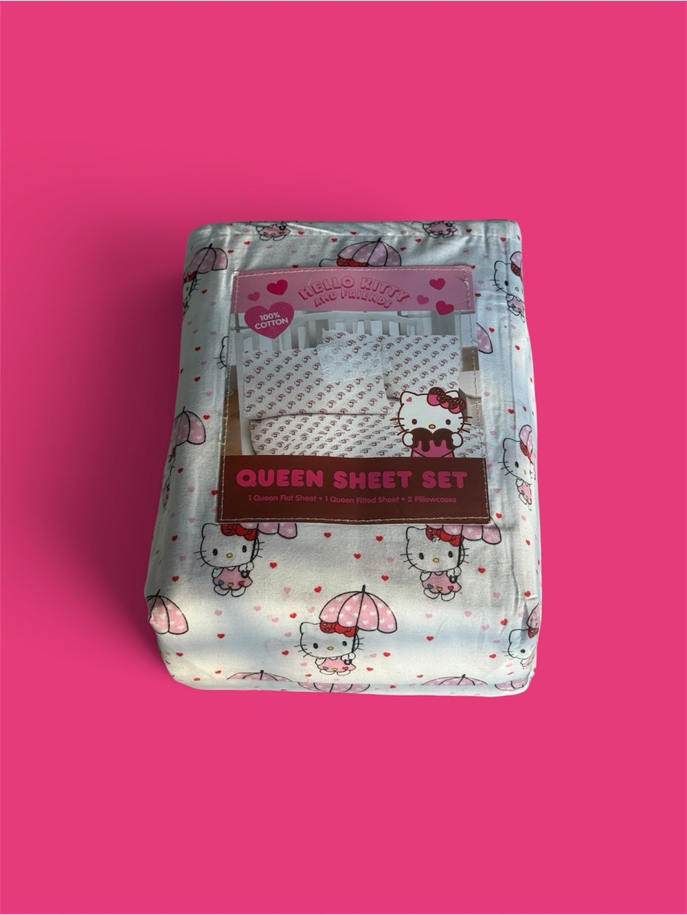 Hello Kitty Queen 4 Piece Sheet Set White Background Pink and Red 100% Cotton